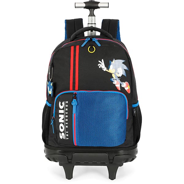 Mochila escolar em poliéster com rodinhas, Sonic, Preto com Azul, Luxcel - PT 1 UN
