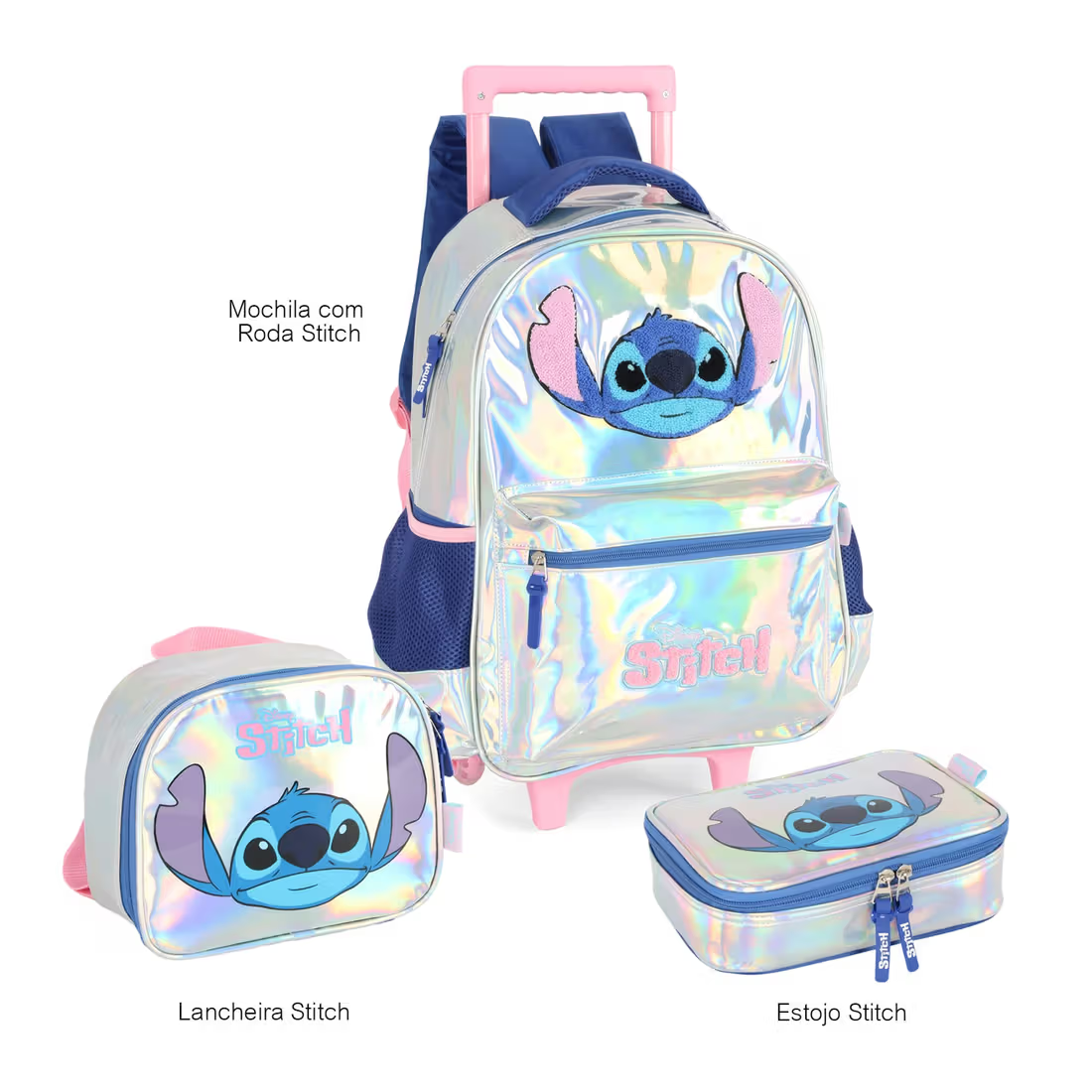 Kit Mochila com Rodinhas Escolar Infantil Holográfica Stitch Prata